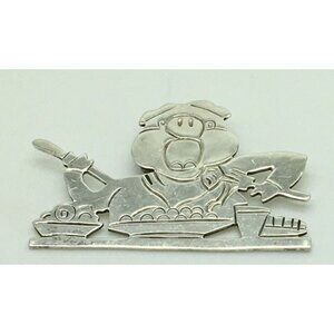 Taxco Sterling Silver Brooch Eating Pig Fork Knife Dinner Table Pork Farmer Gift